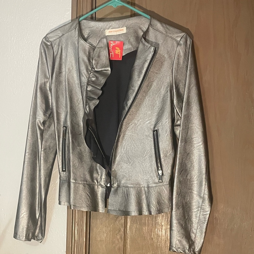Metallic Silver Women's Vegan Leather Moto Jacket Spain Bundle and save!